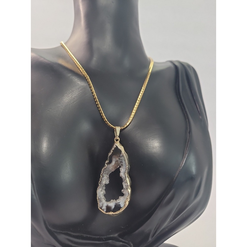 Gold Tone Open Center Pendant Necklace White Gray Black Statement Jewelry